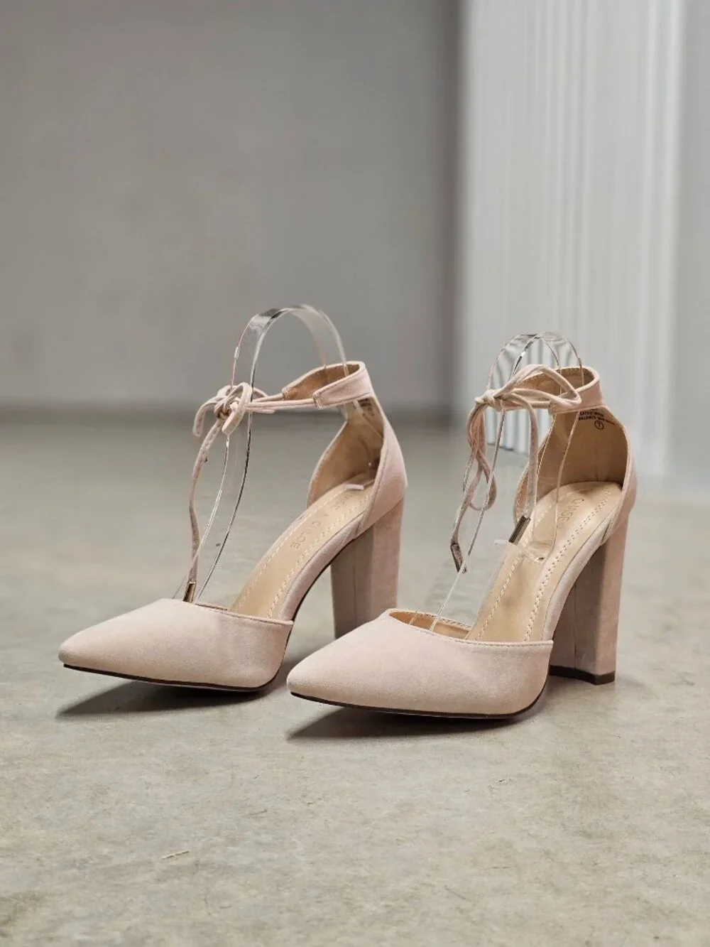 Ankle Strap Block Heel Suede Pumps In Nude Beige For Women